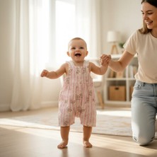 Ürünya Kız Bebek Çiçek Desenli Askılı Sıfır Kollu Kısa Tulum