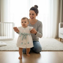 Ürünya Kız Bebek Çocuk Tavşan Desenli Düğmeli Kısa Kollu Elbise