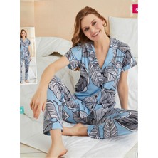 Modamorfo Büyük Yaprak Desenli Düğmeli Viskon Pijama Takımı -Bebe Mavi