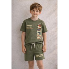 Zekalya Buddies Booth Erkek Çocuk Vintage Olive Yeşil Baskılı Şortlu Takım