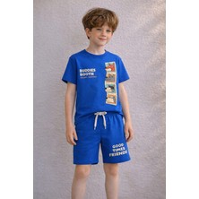 Zekalya Buddies Booth Erkek Çocuk Royal Blue Mavi Baskılı Şortlu Takım