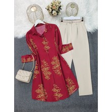 Moda Morfo Boydan Düğmeli Desenli Viskon Tunik -Bordo