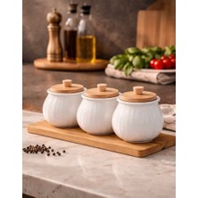 Kitchen Pembelia 3’lü Bambu Standlı Porselen Baharatlık Set Baharat Saklama Kavanoz Takımı
