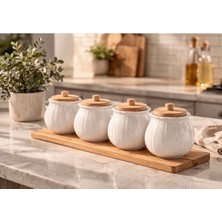 Kitchen Pembelia 4’lü Bambu Standlı Porselen Baharatlık Set Baharat Saklama Kavanoz Takımı