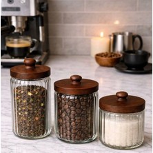 Kitchen Pembelia 3’lü Akasya Vakumlu Kapaklı Cam Çay Şeker Kahve Kavanoz Seti 1000ML 750ML 450ML