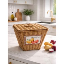 Kitchen Pembelia Hasır Patates Soğan Sepeti Rattan Dekoratif Düzenleyici Kapaklı Sebzelik Soğanlık