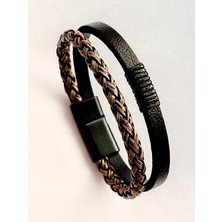 Gns Aksesuar Siyah&kahve %100 Deri 2li Kombin Erkek Bileklik Set 21 cm (Türk El Üretimi)