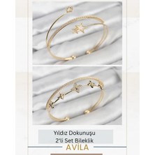 Çiçek ve Yıldız Işıltısı Gold Ikili Kadın Bileklik Seti