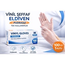 Vinil Şeffaf Eldiven M Beden 100 Lü 1 Kutu Tek Kullanımlık Pudrasız Vinil Muayene ve Hijyen Eldiveni