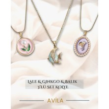 Çelik Zincirli 3’lü Kolye Seti Pembe Inci Lale, Mor Inci Detaylı Ginkgo ve Mineli Balık Figürlü
