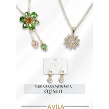 Gold Renk Mineli Halka Küpe ve Sallantılı Kolyeli 3’lü Kadın Takı Seti 316L Çelik Zincir