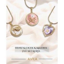 Çelik Zincirli 3’lü Kolye Seti Istiridye, Çiçek ve Kelebek Figürlü Kombin