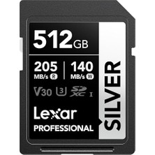 Lexar Silver Sd Kart 512 Gb, Uhs-I Sdxc Kart 205 Mb/s Okuma Hızı, 140 Mb/s Yazma Hızı, V30, U3, C10, 4K UHD Video, Lexar Ömür Boyu Veri Kurtarma Özelliğine Sahip Sd Kart Bellek Kartı