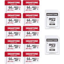 Gigastone Gıgastone 64 GB Microsdxc Hafıza Kartı Paketi 10 + Sd Adaptör, Camera Plus, 95 Mb/s'ye Kadar, Aksiyon Kamerası Drone Için, Tablet, Full Hd Video Kaydı, A1 V30 U3 Mikro Sd Kart Uhs-I