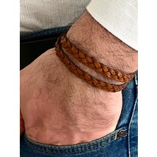 Gns Aksesuar Taba Renk %100 Deri Yılan Sarmalı Dolamalı Erkek Bileklik 40CM (Türk El Üretimi)