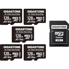Gigastone Gıgastone 128GB Microsdxc Hafıza Kartı Paketi 5'li + Aksiyon Kamerası, Gopro, Drone ve Tablet Için Sd Adaptörü, 85 Mb/s'ye Kadar, Full Hd Video Kayıt, Mikro Sd Kart Uhs-I Sınıf 10 U1