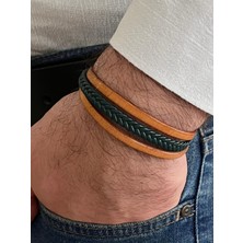 Gns Aksesuar Taba&yeşil Renk %100 Deri 3lü Kombin Erkek Bileklik 21 cm (Türk El Üretimi)
