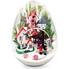 Maya Sanat Teraryum Yapay Çiçek Pembe Aşk Bahçesi Konsept Hediyelik Işıklı Yumurta Cam Fanus