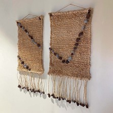 Noldecoration Naturel Rafyadan Haroşo El Örgüsü Üzerine Doğal Taş Işlemeli 32 x 60 cm Ikili Kullanılan Püsküllü Amorf Desenli Dekoratif Duvar Halısı Seti