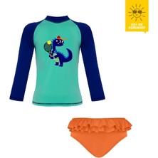 Daring Littles Uv Korumalı Upf 50+ Bebek Yüzme Seti - Uzun Kollu Dinozor Baskılı Üst & Fırfırlı Bikini Altı - Geri Dönüştürülmüş Kumaş - D-Rex Koleksiyonu