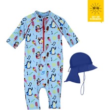 Daring Littles Uv Korumalı Upf 50+ Bebek Şapkalı Yüzme Seti - Uzun Kollu Penguen Desen Tulum & Lacivert Şapka - Geri Dönüştürülmüş Kumaş - Tappy Koleksiyonu