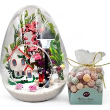 Maya Sanat Teraryum Yapay Çiçek Pembe Aşk Bahçesi Konsept Hediyelik Şekerli Işıklı Yumurta Cam Fanus