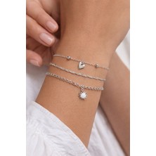 Laria Kadın Gümüş Renk Sallantılı Kalp ve Güneşli 3'lü Bileklik Seti - Ayarlanabilir Zincir