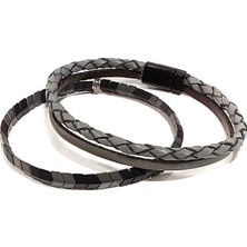 Gns Aksesuar Gri Renk %100 Deri&hematit 3l3 Kombin Erkek Bileklik Set 21 cm (Türk El Üretimi)