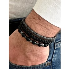 Gns Aksesuar Siyah Renk %100 Deri&onix Taş 3lü Kombin Erkek Bileklik Set 21 cm (Türk El Üretimi)