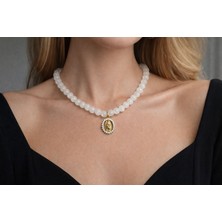 Aurevyn Design Kuvars Doğal Taş Altın Kaplama Madalyon Kolye