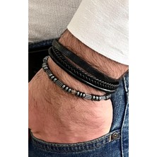 Gns Aksesuar Siyah&gri Renk %100 Deri-Hematit 4lü Kombin Erkek Bileklik Seti 21 cm (Türk El Üretimi)