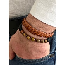 Gns Aksesuar Kahverengi %100 Deri&kaplangözü 2li Kombin Erkek Bileklik Set 21 cm (Türk El Üretimi)