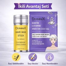 Derminix Ikili Saç Bakım Seti – Hair Wax Stick Saç Şekillendirici + Keratin, E Vitamini & Hindistan Cevizi Yağlı Bone Maske | Besleyici & Nemlendirici