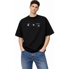 Camblys Kadın Erkek Unisex Off White El Logo Ön Baskılı Oversize Kalın Kumaş Bol Kesim Pamuklu T-Shirt