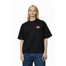 Camblys Kadın Erkek Unisex Comme Des 3lu Kalp Ön Baskılı Oversize Kalın Kumaş Bol Kesim Pamuklu T-Shirt