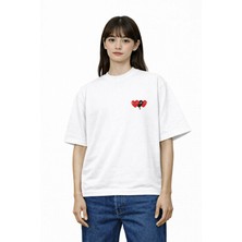 Camblys Kadın Erkek Unisex Comme Des 3lu Kalp Ön Baskılı Oversize Kalın Kumaş Bol Kesim Pamuklu T-Shirt