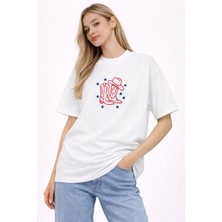 Camblys Kadın Kovboy Çizmesi Digital Ön Baskılı Oversize Kalın Kumaş Bol Kesim Pamuklu T-Shirt