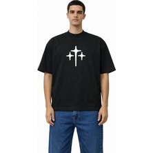 Camblys Kadın Erkek Unisex 3 Yıldız Ön Yazı Baskılı Oversize Kalın Kumaş Bol Kesim Pamuklu T-Shirt