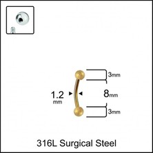 Aida Jewelss %100 Cerrahi Çelik Cancanlı Top 3mm x 8mm x 1.2mm Altın Banana Piercing