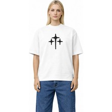 Camblys Kadın Erkek Unisex 3 Yıldız Ön Yazı Baskılı Oversize Kalın Kumaş Bol Kesim Pamuklu T-Shirt
