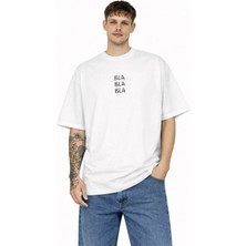 Camblys Kadın Erkek Unisex Bla Bla Asimetrik Ön Yazı Baskılı Oversize Kalın Kumaş Bol Kesim Pamuklu T-Shirt