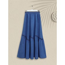 Modamorfo Beli Lastikli Parça Kumaş Kot Etek -Indigo