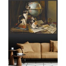 Mushen Studio Kediler ve Küre Natürmort Kanvas Tablo Klasik Duvar Dekoru Sanat Eseri Çerçevesiz Ev