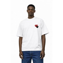 Camblys Kadın Erkek Unisex Comme Des Ikili Kalp Ön Baskılı Oversize Kalın Kumaş Bol Kesim Pamuklu T-Shirt