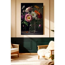 Mushen Studio Çiçek Buketi Krizantem Papatya Karanfil Siyah Fon Kanvas Tablo