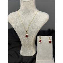 C&On Design Kırmızı Zümrüt Taş Detaylı Kolye ve Küpe Set