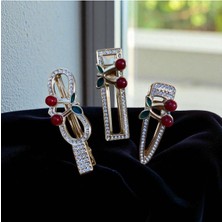 C&On Design 🍒kiraz Desenli Kristal Taşlı Elips Metal Pens Yan Toka 3’lü Set – Şık ve Zarif Aksesuar