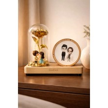 Masa Üstü Ahşap Çerçeve & Işıklı Büyük Gül ve Romantik Sevgililer Figür Fanus Gece Lambası Hediyelik