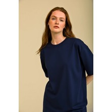 Kadın Lacivert Oversize Bisiklet Yaka %100 Organik Pamuk Düz Basic Yazlık T-Shirt