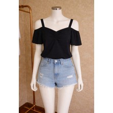 Aleksandrit Butik Siyah V Yaka Askılı Bluz